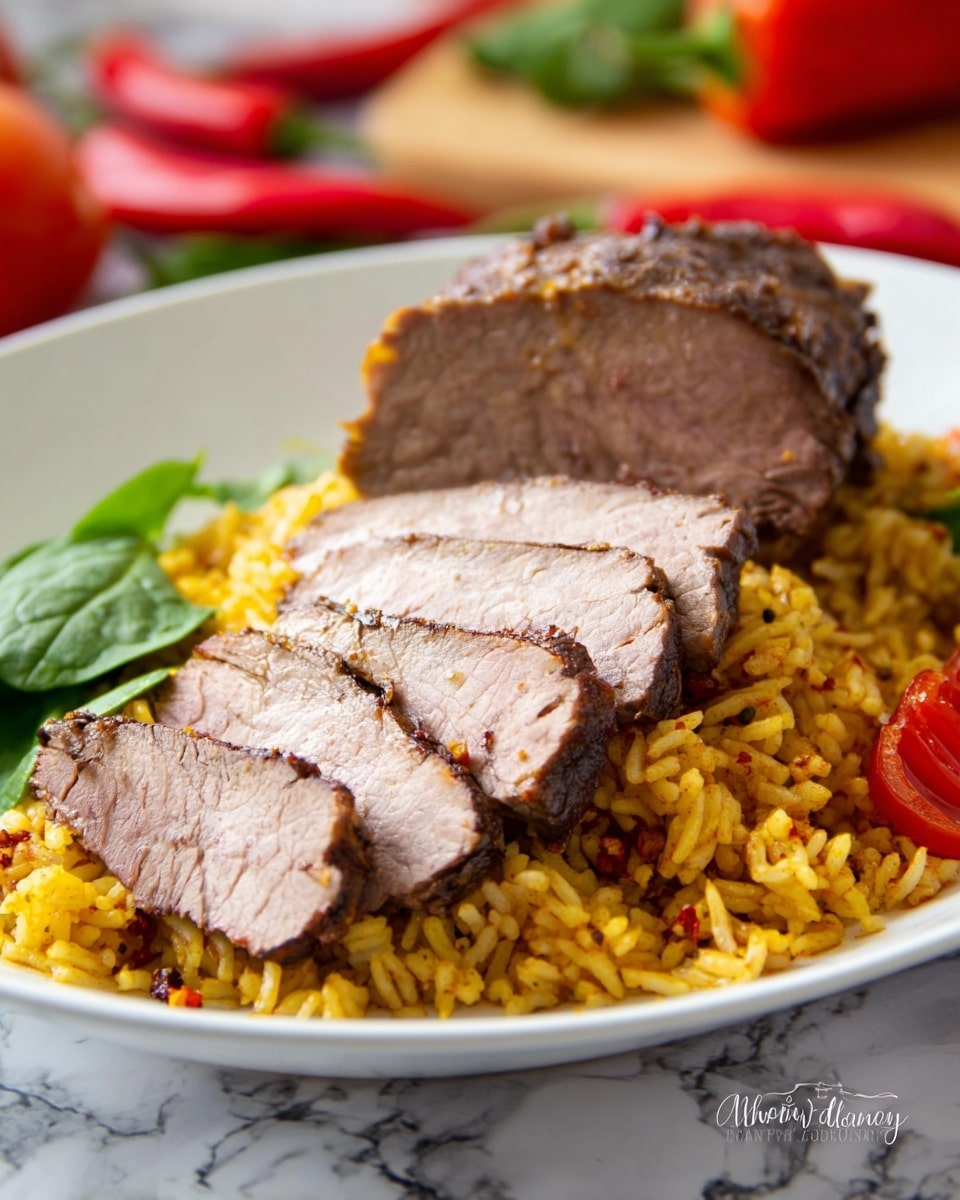 A white plate with a base layer of yellow rice mixed with small bits of corn and red spices, giving it a textured and colorful look. On top, there are five thick slices of medium-cooked beef, with a brown, slightly charred outer edge and a pink, juicy inside that shows the tenderness of the meat. A wedge of the main beef piece is placed behind the slices, showing its smooth, cooked surface. To the side, fresh green spinach leaves and a small piece of red tomato add a touch of color contrast. The plate sits on a white marbled surface with blurred red chili peppers and tomatoes in the background, creating a fresh kitchen feel. Photo taken with an iphone --ar 4:5 --v 7
