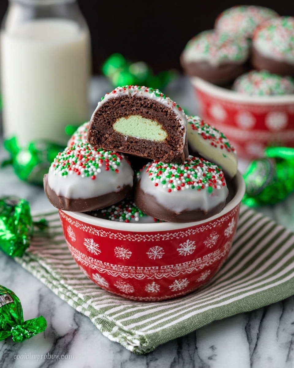 The image shows round treats stacked in two white bowls with Christmas patterns, one bowl red with white designs and the top bowl green with white snowflakes, placed on a white marbled surface with a striped green and white napkin. Each treat has a dark brown outer layer, a middle layer of light green filling, and a thin inner layer of brown, all topped with white icing. The icing is covered by small round sprinkles in red, green, and white colors. One treat is cut in half and placed on top, revealing the three layers inside. A few more treats and green-wrapped candies are seen blurred in the background along with a small bottle of milk. photo taken with an iphone --ar 4:5 --v 7