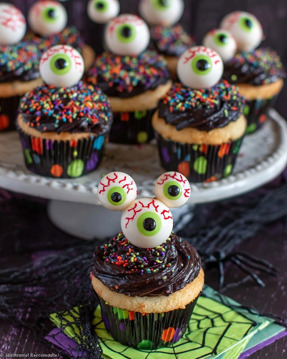 The image shows a group of Halloween-themed cupcakes arranged on a two-tiered white plate with a white marbled background. Each cupcake has a light golden base wrapped in black paper with colorful patterns. On top, there is a thick swirl of dark chocolate frosting sprinkled with bright, multicolored sprinkles. Sticking out from the frosting on each cupcake are two large, round candy eyeballs with white bases and colorful irises in green, red, and purple shades, detailed with red squiggly veins, making each cupcake look like it has two eyes on stalks. The front cupcake sits on layered green, black, and white napkins, with a spiderweb design adding to the spooky theme. Photo taken with an iphone --ar 4:5 --v 7