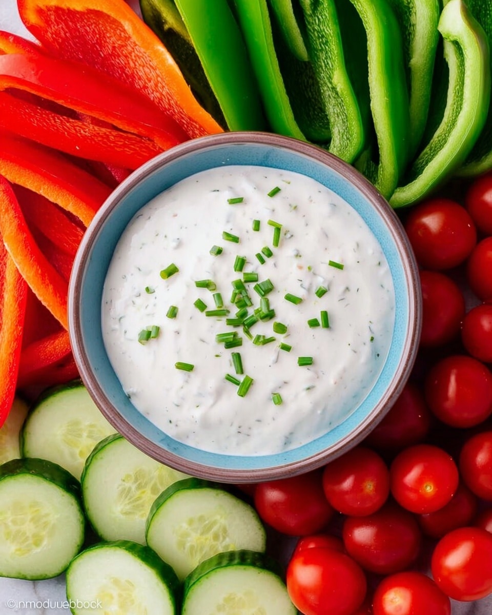 In the center, there is a white bowl with a blue rim filled with a creamy white dip sprinkled with small green chives on top; this bowl is placed on a white marbled surface. Surrounding the bowl, there are fresh vegetable layers arranged closely: at the top left are long green bell pepper slices, at the bottom left are curved red bell pepper slices, at the bottom center are round, light green cucumber slices with visible seeds, and at the right side are small, shiny red grape tomatoes densely packed together. The colors of the vegetables are bright and fresh, creating a vibrant contrast with the white dip and bowl. photo taken with an iphone --ar 4:5 --v 7