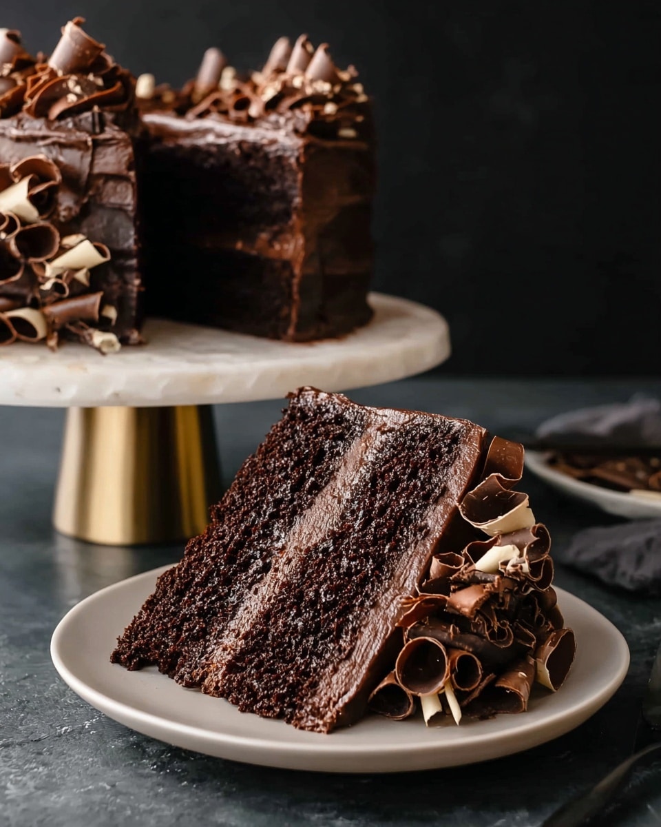 A rich, dark chocolate cake slice with three thick layers of moist chocolate sponge separated by smooth chocolate frosting layers, placed on a white plate. The slice is topped and surrounded at the base by delicate chocolate curls in light and dark shades, adding texture and visual interest. In the background, the rest of the cake, also covered in glossy chocolate frosting and garnished with similar chocolate curls, rests on a white marbled cake stand with gold legs. The setting features a white marbled textured surface and a dark backdrop, which makes the cake's colors pop. photo taken with an iphone --ar 4:5 --v 7