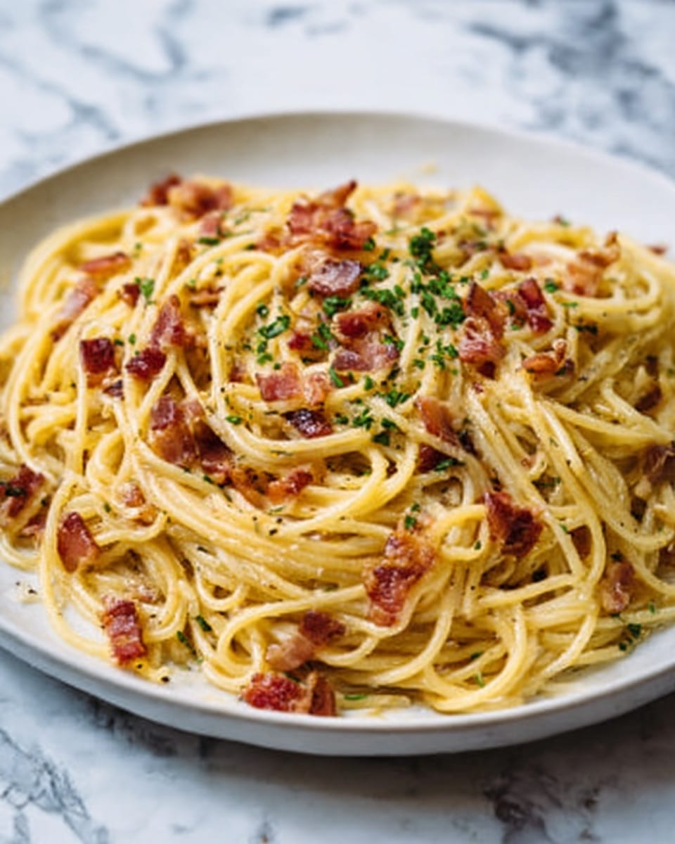 A white plate holds a serving of spaghetti pasta mixed with small pieces of crispy, browned bacon scattered throughout. The pasta is coated in a light, creamy sauce giving it a glossy texture. There are thin sprinkles of chopped green herbs on top, adding a fresh detail and slight color contrast. The background features a white marbled surface with subtle veins visible. Photo taken with an iphone --ar 4:5 --v 7