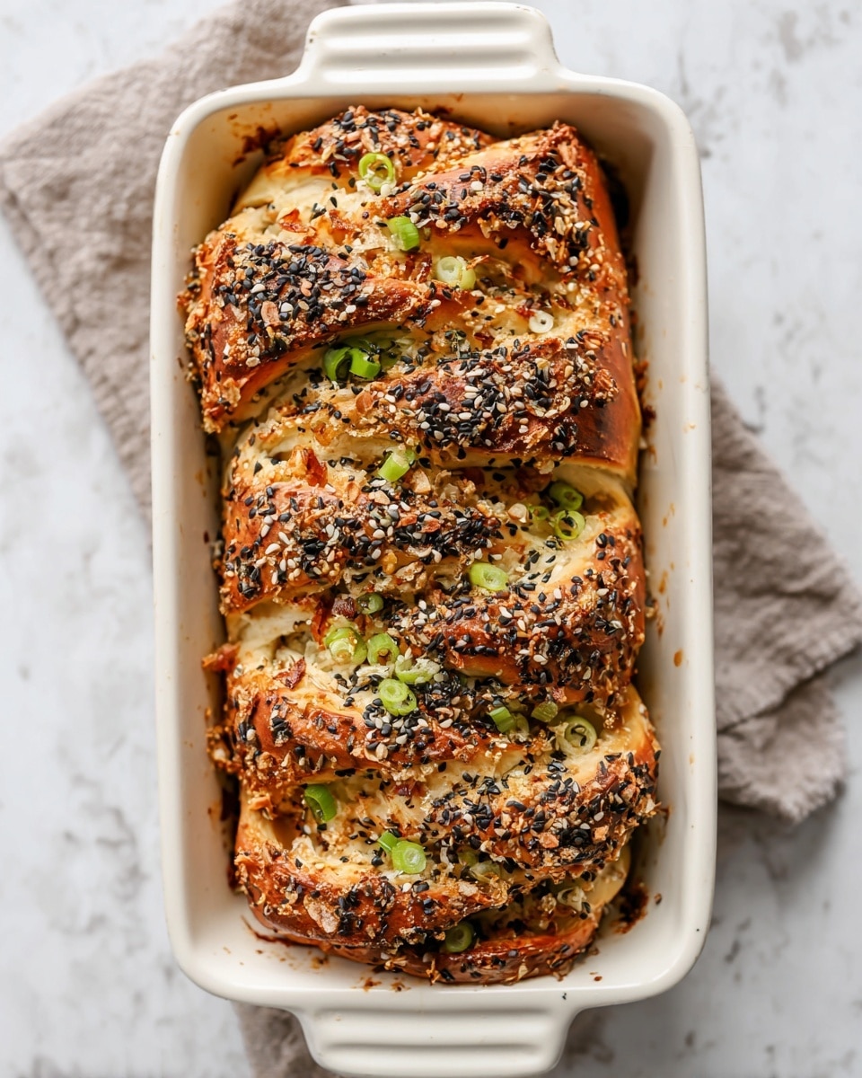 A loaf of golden brown braided bread sits in a white ceramic baking dish, topped thickly with a mix of black and white sesame seeds and bits of what looks like dried garlic and onion for a crunchy texture. The bread is braided in three visible layers, each showing a soft, fluffy inside with hints of cheese peeking through and small green onions scattered on top, adding a fresh green color. The upper crust is crisp and textured with the seeds and bits stuck to it, while the edges have a slightly darker crispness. The dish rests on a surface with a white marbled texture, adding brightness to the image. Photo taken with an iphone --ar 4:5 --v 7