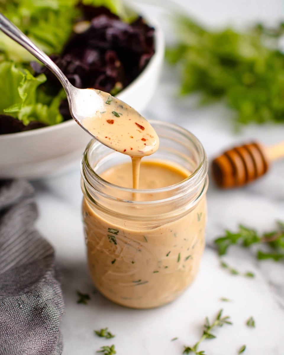 A close-up of a glass jar filled with creamy, light tan dressing speckled with small green herbs and reddish spices, with a metal spoon lifted above the jar holding some dressing that drips slightly over the jar's edge. In the soft-focused background, there is a white bowl filled with fresh green and dark purple lettuce, and some green herb leaves are scattered on a white marbled surface, next to a wooden honey dipper and a grey cloth. The whole setting looks clean and bright. photo taken with an iphone --ar 4:5 --v 7