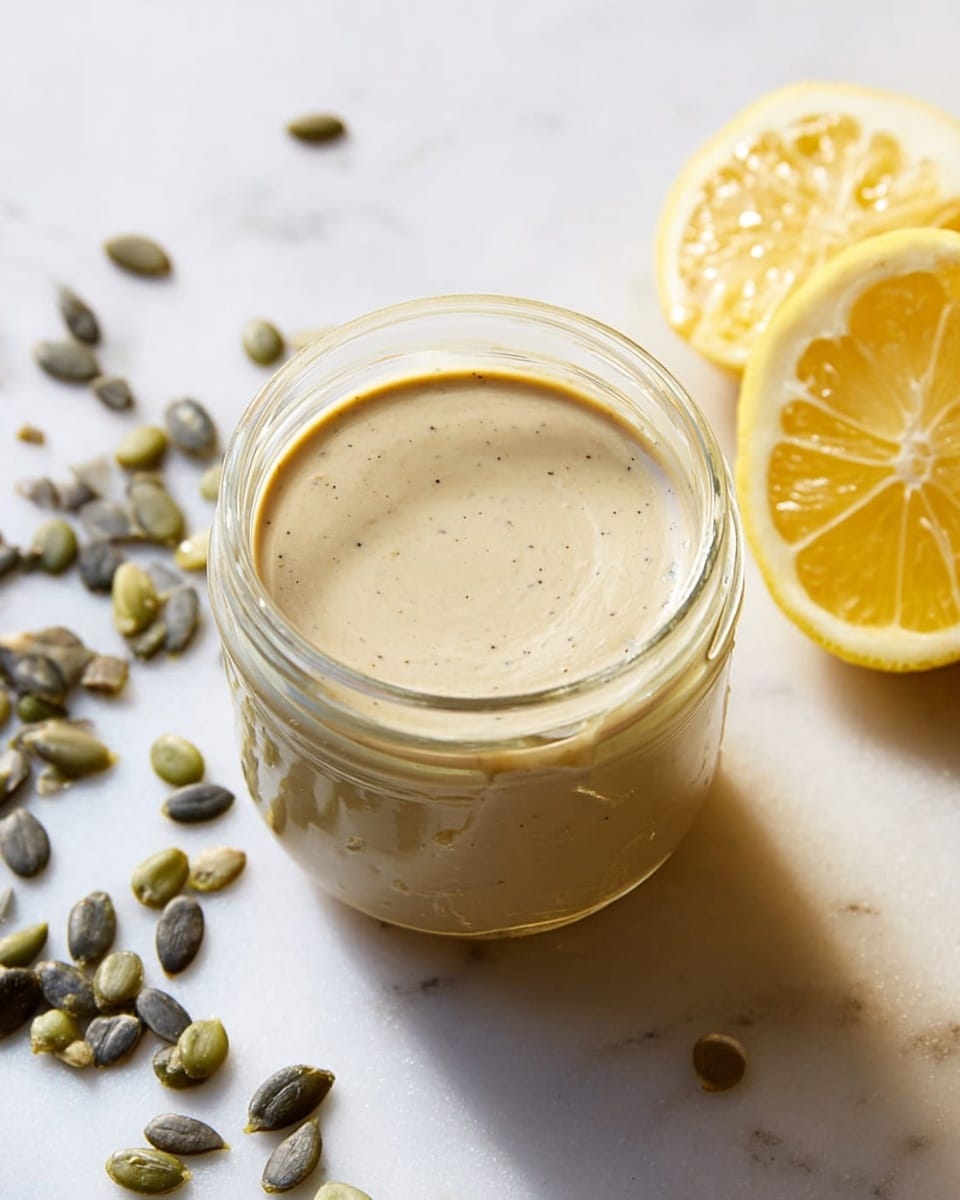 A clear glass jar filled with light tan, creamy tahini sauce that has small specks throughout, showing a smooth yet slightly thick texture with some sauce residue on the inside rim. Around the jar are scattered dark green pumpkin seeds and two half-cut yellow lemons placed on a white marbled surface. The image is bright and clean with soft natural light highlighting the smooth sauce and the fresh lemons. photo taken with an iphone --ar 4:5 --v 7