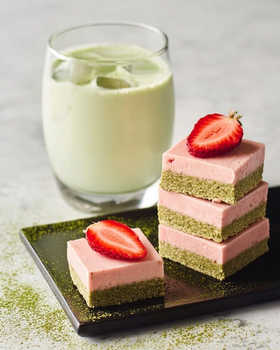 The image shows a stack of three square dessert bars next to one single bar lying flat in the front, all with two layers: a bottom green layer with a rough texture and a smooth pale pink top layer. Each pink layer is topped with a half slice of bright red strawberry and a light dusting of green powder. A clear glass filled with a pale green iced drink is placed behind the single dessert bar. The desserts and glass are set on a black rectangular tray on a white marbled surface lightly sprinkled with green powder. photo taken with an iphone --ar 4:5 --v 7