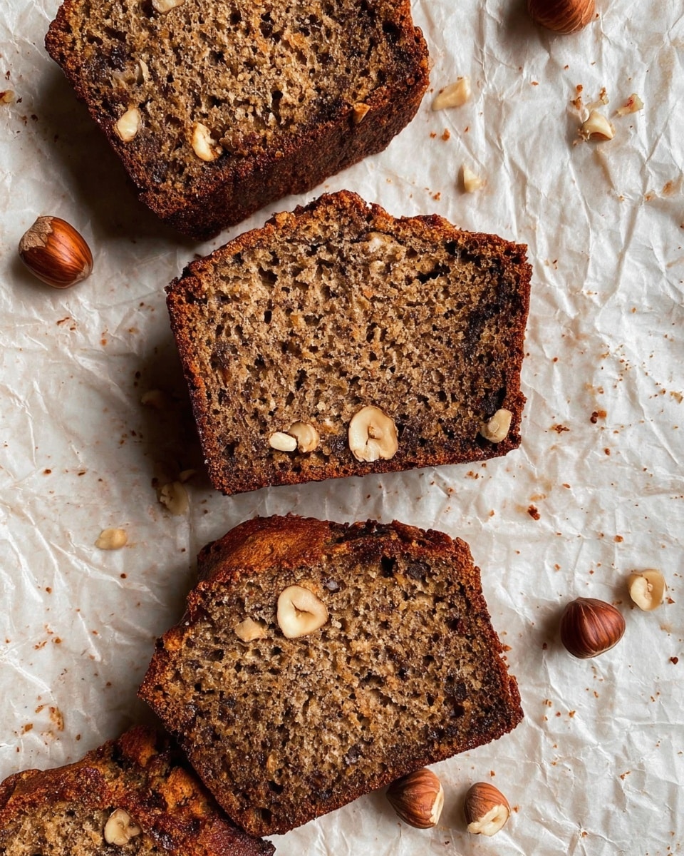 Four slices of nut bread lie flat on crumpled parchment paper with a white marbled texture beneath. Each slice shows a dark brown crumb with visible pieces of hazelnuts and a slightly rough texture, some whole nuts embedded in the bread, and a crispy, darker crust around the edges. Scattered hazelnuts are visible around the slices, adding a rustic feel. The photo focuses from above, showing the texture and details clearly. photo taken with an iphone --ar 4:5 --v 7