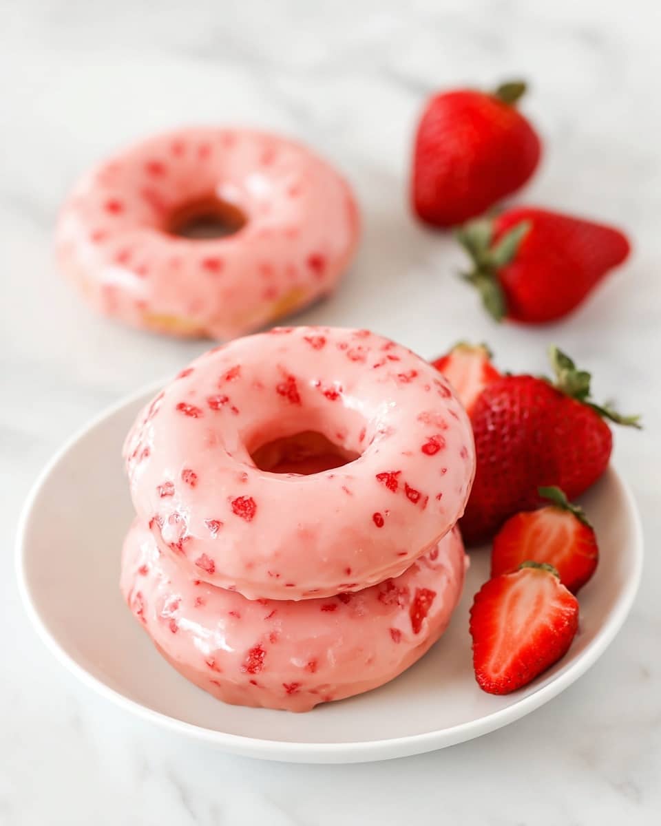The image shows three pink glazed donuts with small red strawberry pieces mixed into the icing. Two donuts are stacked side by side on a white plate, and one donut sits alone behind the plate. Each donut has a smooth, shiny glaze covering the entire surface with a hole in the middle. Around the plate and behind it, there are bright red strawberries, some whole and some cut in half to show their juicy inside. The scene is set on a white marbled surface. photo taken with an iphone --ar 4:5 --v 7