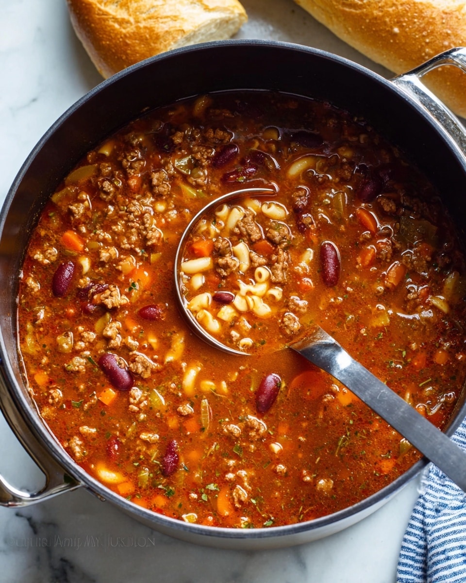The image shows a large dark pot filled with a thick, rich soup that has a deep orange and red color base with visible herbs mixed in. The soup contains several layers of ingredients evenly spread throughout: small pale elbow macaroni pasta, bright red kidney beans, chunks of ground meat, diced onions, celery, and shredded carrots, giving a varied texture and color contrast. A silver ladle with a shiny reflective surface rests inside the pot, partially submerged in the soup near the center. The pot is set on a white marbled surface with a loaf of bread and a blue-striped cloth partially visible in the background. Photo taken with an iphone --ar 4:5 --v 7