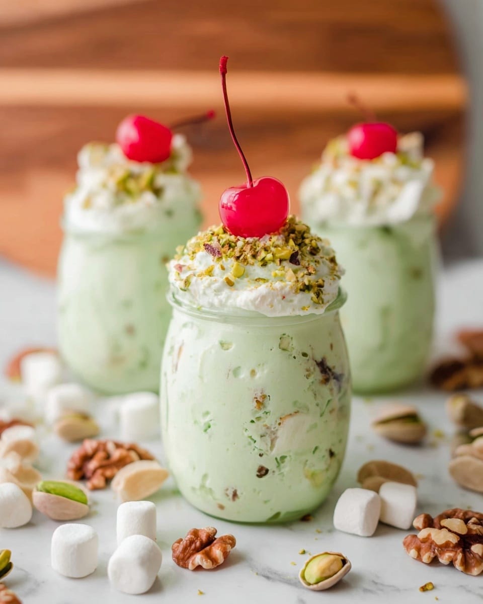 Three small clear glass jars hold a light green creamy dessert mixed with small pieces of nuts and marshmallows. Each jar is topped with a thick layer of fluffy green cream scattered with crushed pistachios and tiny nut bits, crowned with a glossy bright red cherry with a long stem. The jars sit on a white marbled surface with whole pistachios, walnuts, and white marshmallows scattered around. A blurry wooden board stands in the background. photo taken with an iphone --ar 4:5 --v 7
