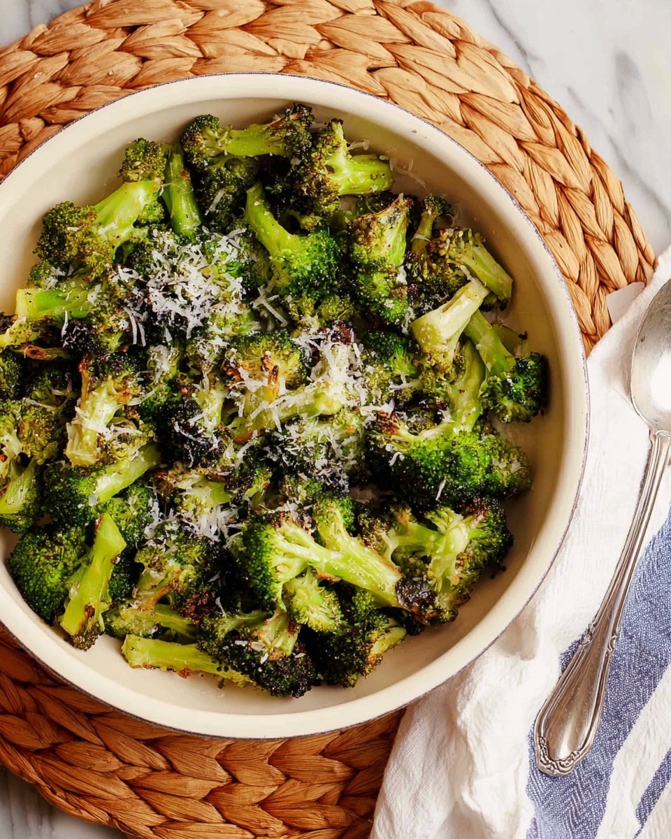 The image shows a white pan filled with roasted broccoli pieces. The broccoli has a mix of bright green and slightly browned edges, indicating it has been cooked well. On top of the broccoli, there is a light sprinkle of finely grated white cheese, adding texture and contrast. The pan sits on a round, woven wicker mat on a white marbled surface, with a white cloth that has blue stripes and part of a spoon visible to the side. Photo taken with an iphone --ar 4:5 --v 7