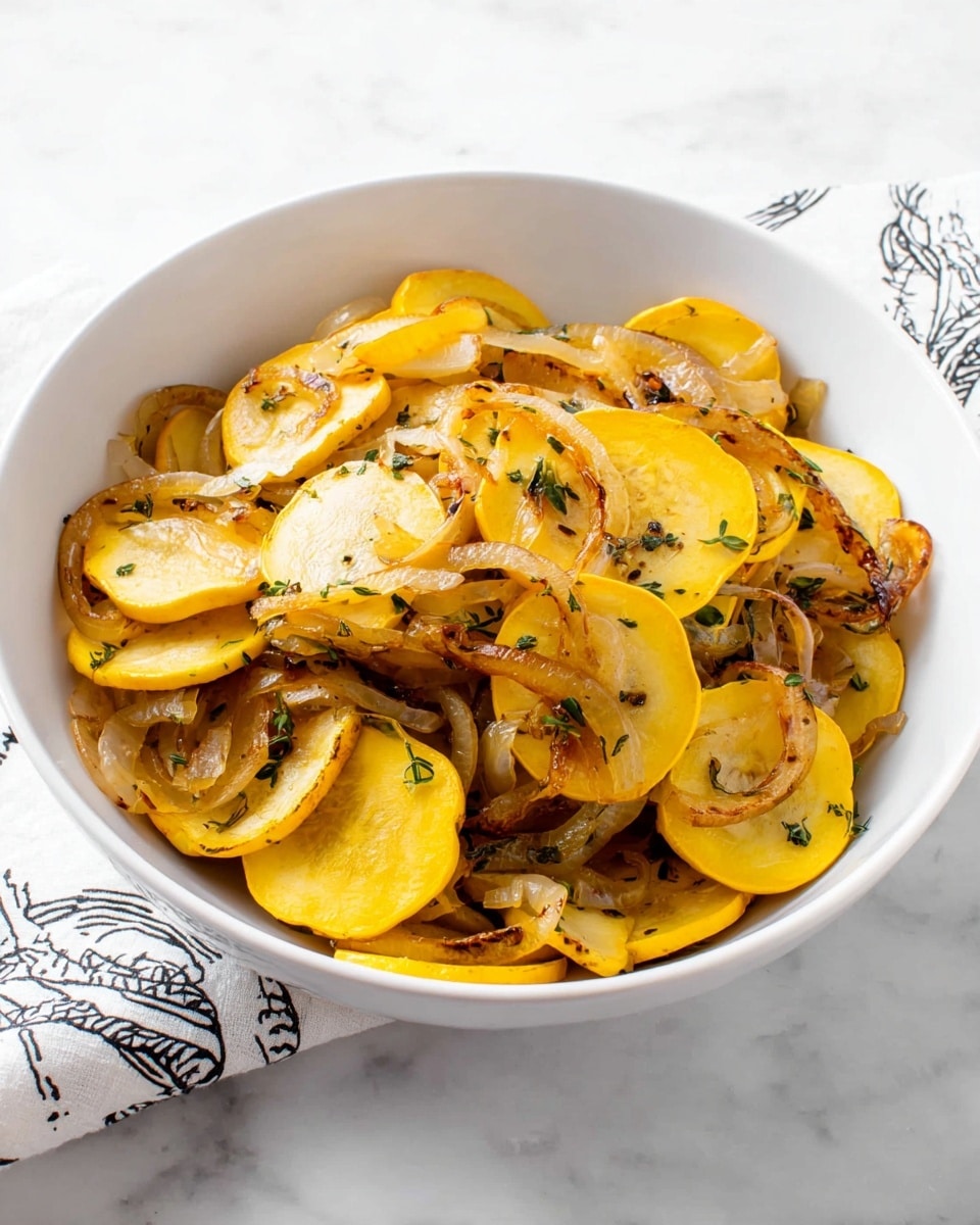 A white bowl filled with sautéed yellow squash slices and caramelized onion strips. The squash slices are thin, bright yellow with some brown sear marks, mixed evenly with translucent, slightly browned onion pieces. Small green herb bits are scattered throughout, adding contrast. The bowl sits on a white marbled surface with a white cloth printed with black designs partially visible in the background. photo taken with an iphone --ar 4:5 --v 7