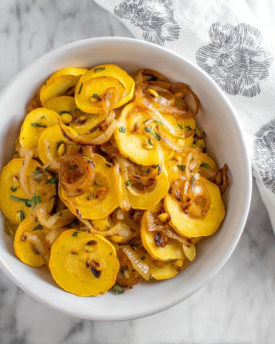 The image shows a white bowl filled with cooked yellow squash slices and caramelized onions. The squash slices are round, thin, and soft-looking with some light browning and char marks on the surface. The onions appear translucent with some edges browned and crisp. Small green herb pieces are scattered throughout the dish, and the seeds of the squash are visible in several slices. The bowl is placed on a white marbled surface, and a white cloth with a gray floral pattern is partially visible in the background. photo taken with an iphone --ar 4:5 --v 7