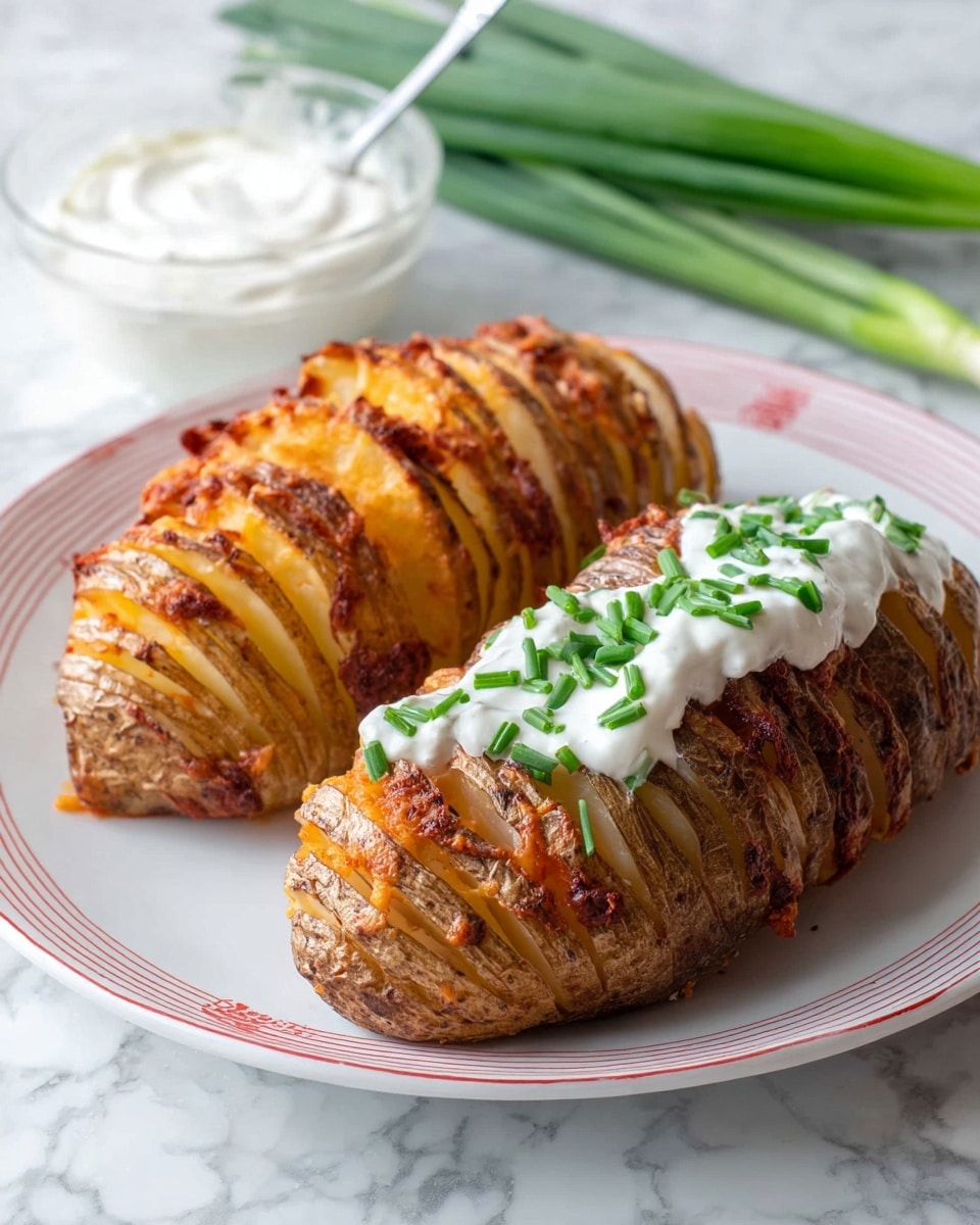 Two large baked potatoes sliced into many thin layers sit side by side on a white plate with a simple red design along the edge. The potato on the left is baked with melted golden-brown cheese between its slices, showing crispy and slightly darkened edges. The potato on the right is topped with a thick white sour cream sauce, generously spread along the top, and sprinkled with bright green chopped chives. In the background on a white marbled surface, there is a clear glass bowl filled with sour cream and a spoon inside. Some green onion stalks peek out from behind the right potato. Photo taken with an iphone --ar 4:5 --v 7