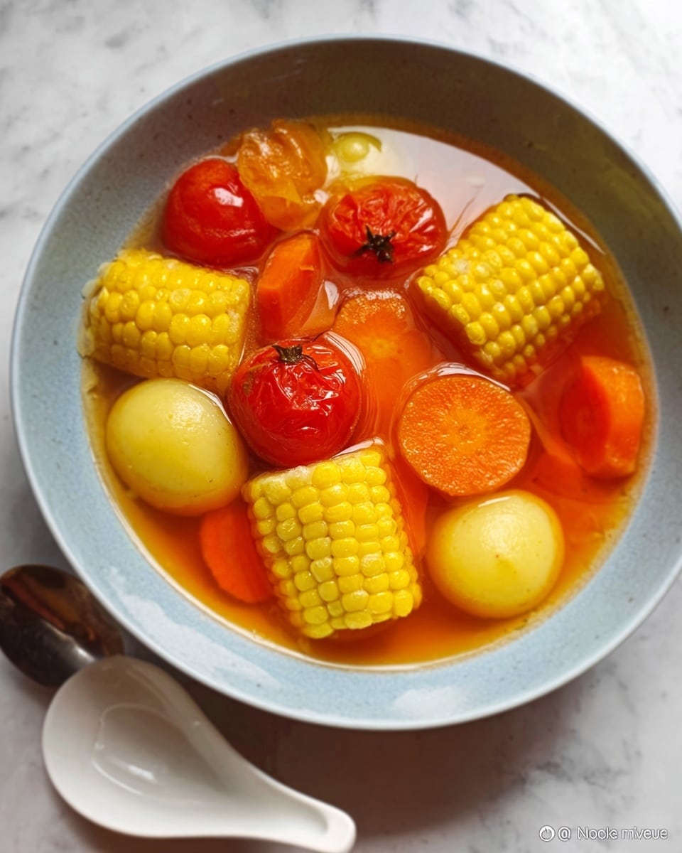 A white bowl filled with a clear orange broth, containing large pieces of bright yellow corn on the cob cut into chunks, several peeled boiled potatoes with a smooth golden surface, and vibrant orange carrot slices. There are also several red tomatoes, slightly wrinkled, floating on top of the broth. The bowl is placed on a white marbled surface with a white porcelain spoon nearby. photo taken with an iphone --ar 4:5 --v 7