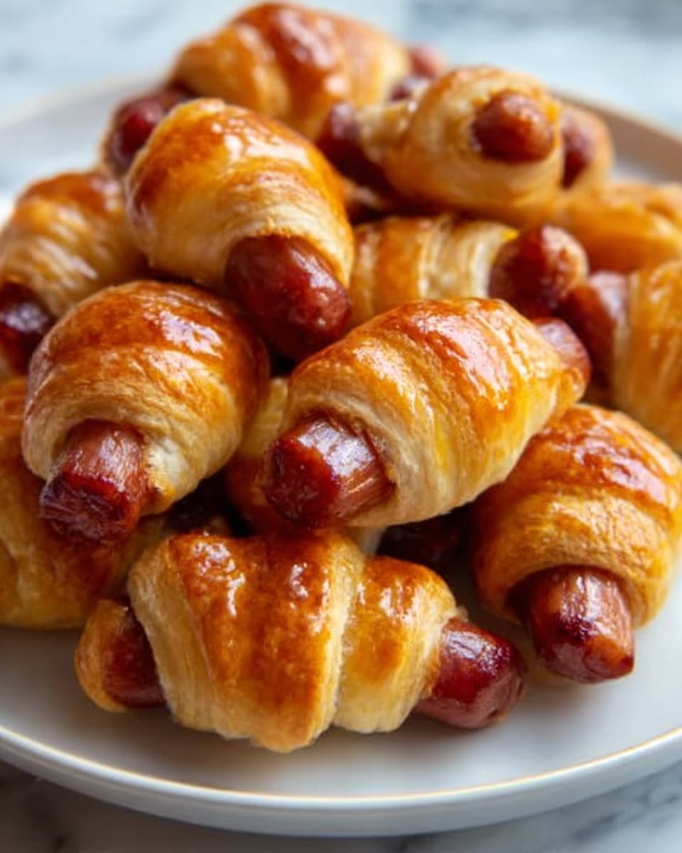 The image shows a close-up of a white plate filled with multiple small croissant-shaped rolls with a golden-brown, shiny, and slightly crispy outer layer. Each roll is wrapped around a sausage, visible at the ends where the dough does not completely cover it, showing a reddish-brown, juicy texture. The croissant dough has a flaky, layered texture with a glossy finish from a glaze on top. The plate sits on a white marbled surface. photo taken with an iphone --ar 4:5 --v 7