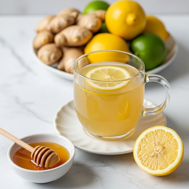 A clear glass mug filled with a pale yellow drink, topped with a thin round lemon slice floating on the surface. The mug is sitting on a small white plate with a slightly wavy edge, placed on a white marbled texture. In the foreground, there is a white small bowl full of golden honey with a honey dipper resting on its edge. Next to the bowl is a half lemon with bright yellow skin looking fresh and juicy. Behind the mug, a white plate holds some whole ginger roots, whole lemons, and a lime all arranged closely. photo taken with an iphone --ar 4:5 --v 7