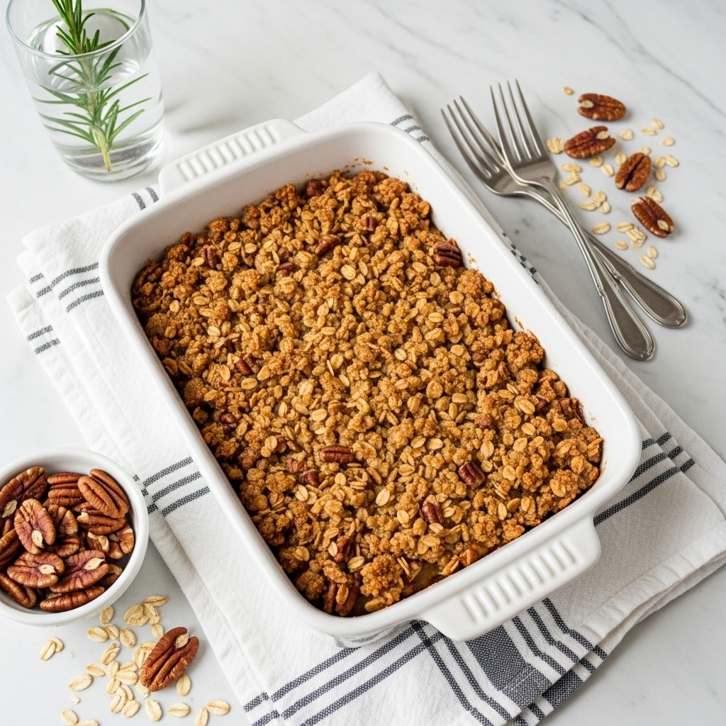 A white rectangular baking dish filled with a single layer of golden brown crumbly oat topping mixed with pecans, showing a rough textured surface with scattered oat flakes and nuts. The dish rests on a white and gray striped cloth on a white marbled surface. Nearby, there is a clear glass of water with a rosemary sprig and two silver forks placed beside it. To the side, a small white bowl contains whole pecans, with some pecans and oats scattered on the white marbled surface. photo taken with an iphone --ar 4:5 --v 7