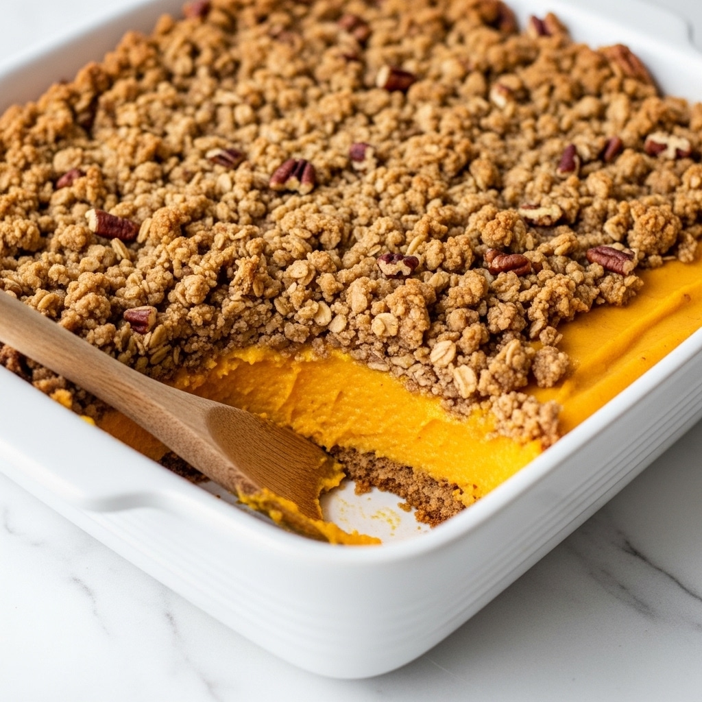 A close-up image of a white square baking dish filled with a two-layer dessert placed on a white marbled surface. The bottom layer is smooth and bright orange, likely a pumpkin or sweet potato filling, visible where a portion has been scooped out from the front left corner. The top layer is a thick, crumbly, golden-brown oat and nut streusel, with a rough texture and small pieces of pecans scattered throughout. A wooden spoon handle is visible resting inside the baking dish on the left side. Photo taken with an iphone --ar 4:5 --v 7