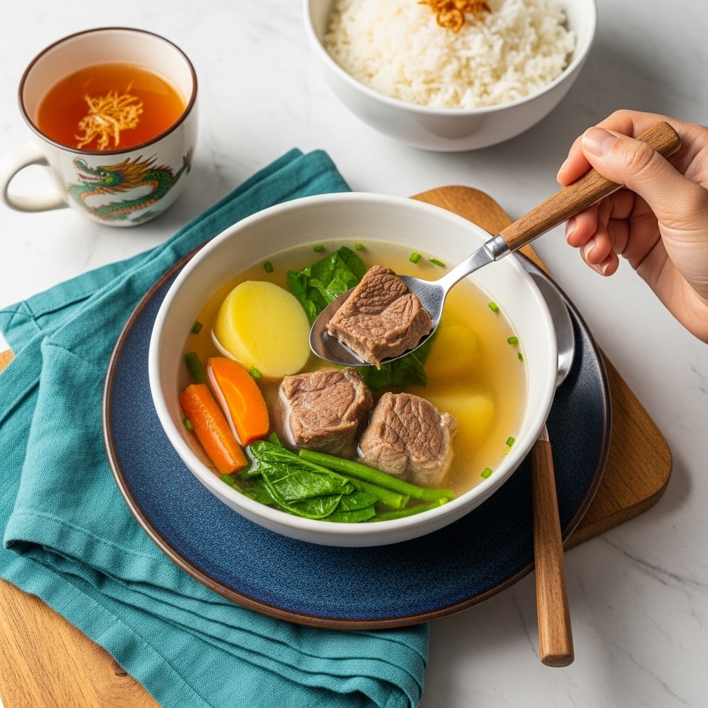 A white bowl filled with clear broth soup containing three pieces of brown meat, one yellow potato slice, two orange carrot slices, and some green vegetables like beans and leafy greens, all floating inside. The bowl is placed on a dark blue plate with a slightly rough texture on a wooden table next to a folded teal napkin. To the top right, there is a white bowl filled with white rice, and to the left, a cup with orange liquid showing a dragon pattern inside. A woman's hand holding a spoon with a brown wooden handle is scooping one piece of meat from the soup. The surface beneath everything is a white marbled texture. Photo taken with an iphone --ar 4:5 --v 7