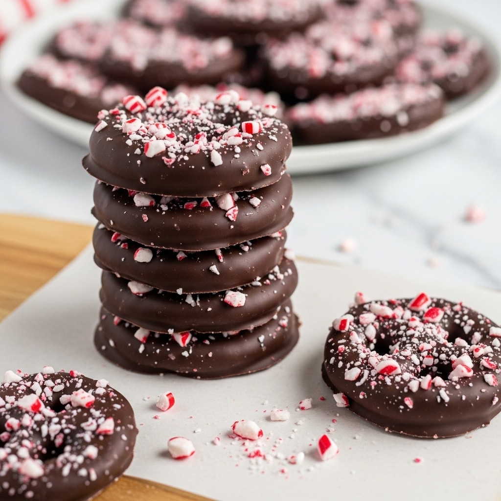A stack of round dark chocolate-covered pretzels is placed on a light wooden board with a white marbled background. Each pretzel is fully coated in smooth dark chocolate and topped with small broken pieces of red and white peppermint candy, which are also scattered around the base and nearby pretzels lying flat. The pretzels have a slightly glossy texture from the chocolate coating, and the bright peppermint pieces add a crunchy, colorful contrast. In the blurred background, there is a white plate filled with more chocolate-covered, peppermint-topped pretzels, giving depth to the scene. photo taken with an iphone --ar 4:5 --v 7