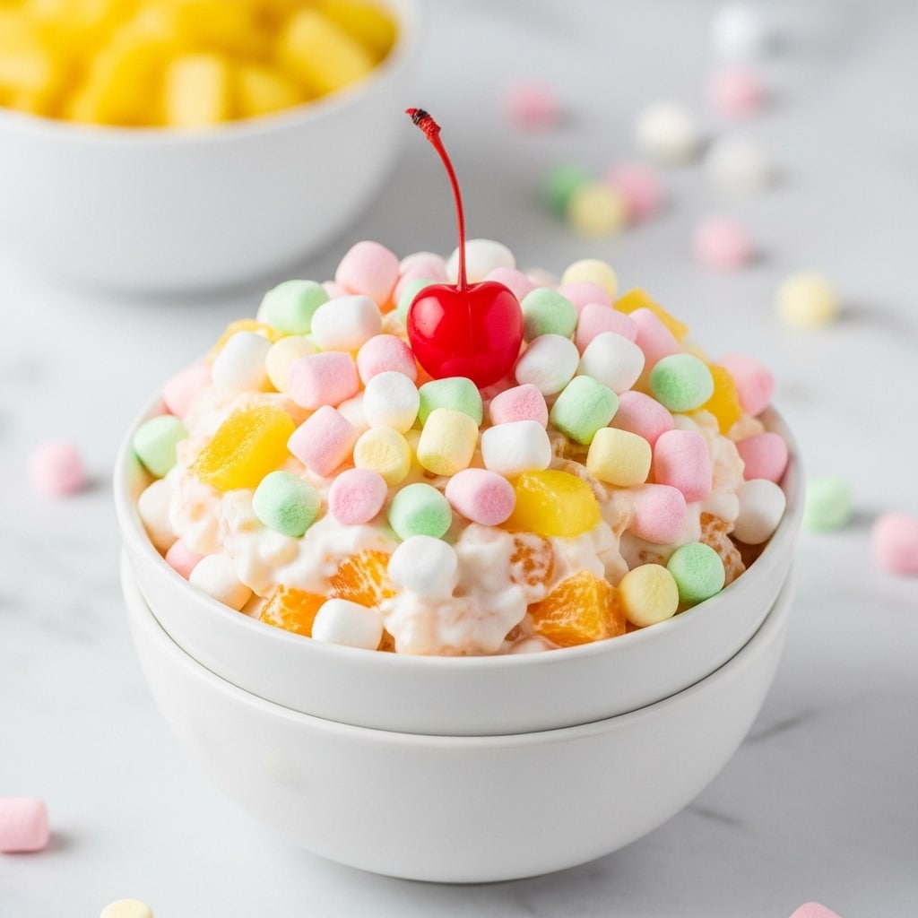 A white bowl filled with a creamy fruit salad made of five visible layers: a thick white whipped topping mixed with bright orange mandarin slices, pale yellow pineapple chunks, small green candied pieces, red maraschino cherries, and soft white coconut shreds, all mixed evenly. On top of the salad, three whole glossy red cherries with stems are arranged in the center, accompanied by small fresh green mint leaves scattered around. The bowl sits on a white cloth napkin on a white marbled surface, with three silver forks nearby and some small pastel-colored marshmallows scattered around, along with whole fresh oranges with bright green leaves in the background. photo taken with an iphone --ar 4:5 --v 7