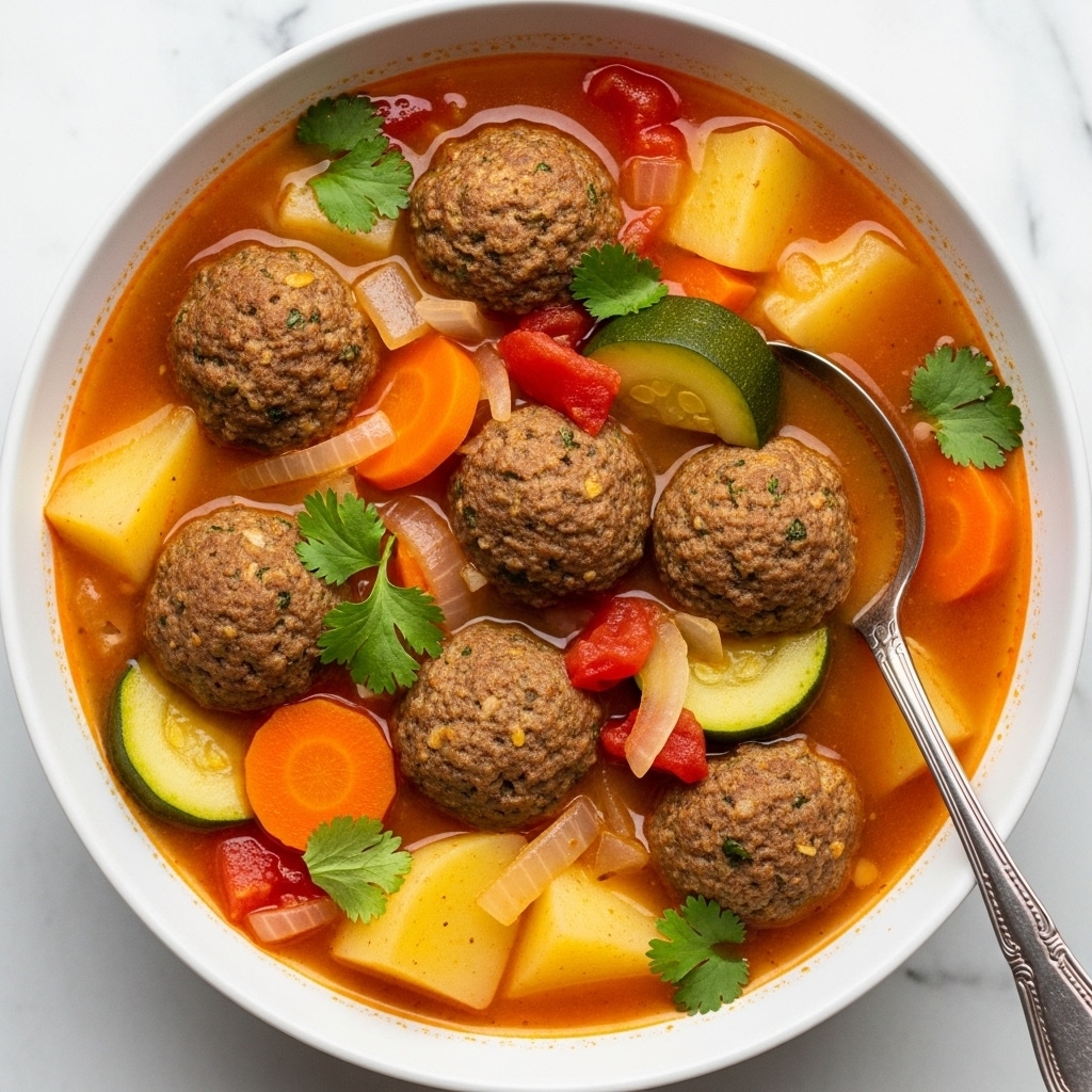 A deep bowl filled with a vibrant meatball soup showing five brown, textured meatballs floating in a rich, orange-red broth. The soup contains thick chunks of light yellow potatoes, bright orange carrot pieces, green and pale green zucchini slices, translucent diced onions, and red tomato bits scattered evenly. Sprigs of fresh green cilantro add a fresh touch into the mix. A silver spoon with detailed engravings rests on the right side inside the bowl. The bowl is white and placed on a surface with a white marbled texture. photo taken with an iphone --ar 4:5 --v 7