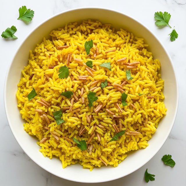 A deep white bowl is filled with bright yellow rice that looks fluffy and soft in texture. The rice grains are long and separate, with some light brown toasted bits mixed throughout, adding a slightly crispy look. Small pieces of fresh green herbs are sprinkled on top and scattered evenly across the rice, giving a fresh contrast to the yellow. The bowl is set on a white marbled surface with some herbs casually placed around, creating a simple and clean setting. photo taken with an iphone --ar 4:5 --v 7