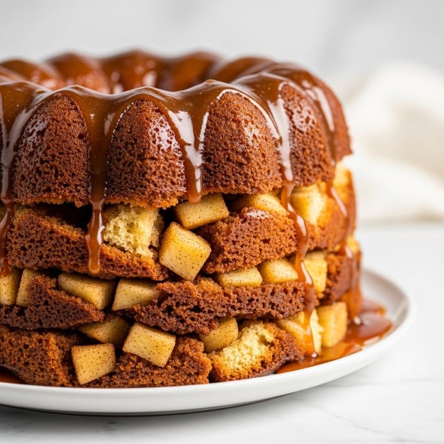 A close-up of a sticky, glossy caramel apple bundt cake with multiple layers of soft, golden brown cake pieces mixed with tender, cinnamon-spiced apple chunks. The top layer is covered with a thick, shiny caramel sauce that drips slightly down the sides, adding a rich amber color. The cake is placed on a simple white plate, sitting on a white marbled surface with a soft background. Photo taken with an iphone --ar 4:5 --v 7