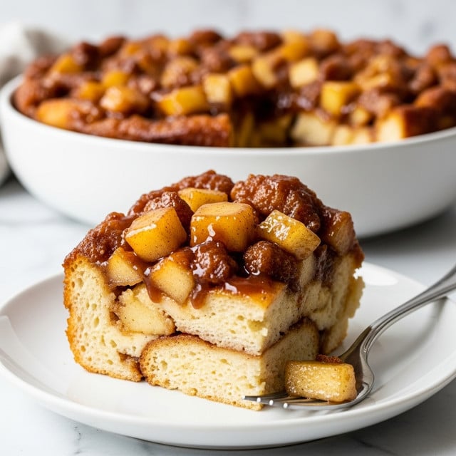 The image shows a close-up of a slice of bread pudding on a white plate. The bread pudding has several layers: the bottom layer is soft, light beige bread soaked with a creamy, cinnamon-spiced custard, followed by chunks of golden caramelized apples, topped with a sticky, glossy brown caramel sauce, giving it a shiny look. Behind the plate, there is a white bowl holding the rest of the bread pudding, which is rounded in shape and rich golden brown in color from the caramelized top. A silver fork rests on the plate, touching the pudding, with a white marbled background behind. photo taken with an iphone --ar 4:5 --v 7