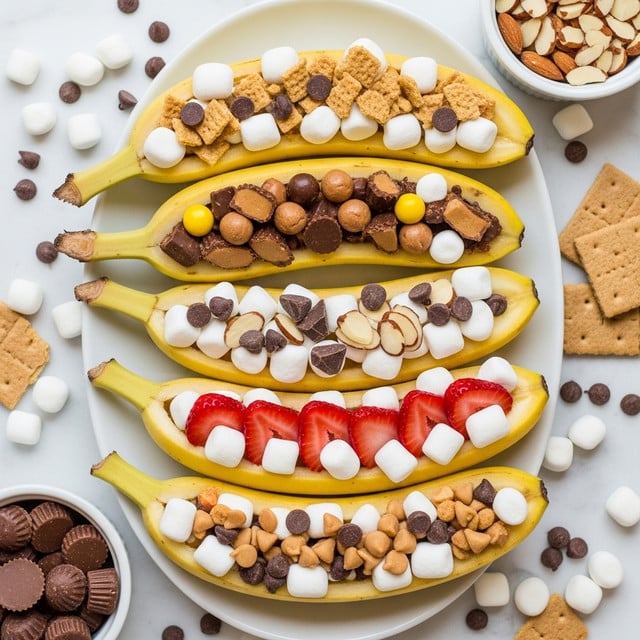 Six yellow banana boats are placed in a stack on a white oval plate set against a white marbled surface. Each banana is split open lengthwise and loaded with layers of mini white marshmallows, chocolate chips, and crushed graham crackers. From top to bottom, the first banana is filled with mini marshmallows, chocolate chips, and broken cereal squares. The second banana holds peanut butter cups pieces, mini marshmallows, and small peanut butter candies. The third features white mini marshmallows, chocolate chunks, and sliced almonds. The fourth has strawberry slices, mini marshmallows, and chocolate chips. The fifth is packed with mini marshmallows, chocolate chips, and peanut butter chips, while the sixth is layered with mini marshmallows and chocolate chips. Around the plate are scattered additional small marshmallows, peanut butter cups, almond slices in a white bowl, and broken graham crackers. photo taken with an iphone --ar 4:5 --v 7