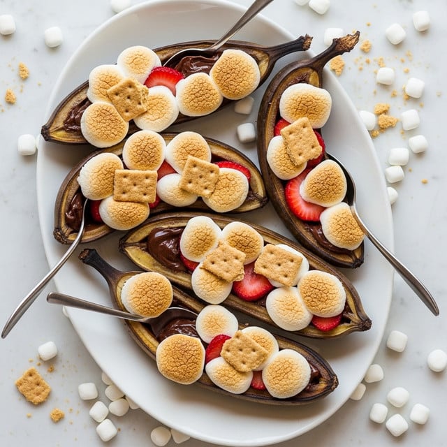 A white oval plate holds six roasted bananas sliced open and filled with layers of melted chocolate and gooey marshmallows, some browned. Each banana also contains pieces of light brown graham crackers, with some slices of red strawberries visible in the middle. The bananas’ skins show dark char marks from roasting, and metal spoons rest inside three of them. The plate is set atop a white marbled surface lightly scattered with small white marshmallows and graham cracker crumbs. photo taken with an iphone --ar 4:5 --v 7