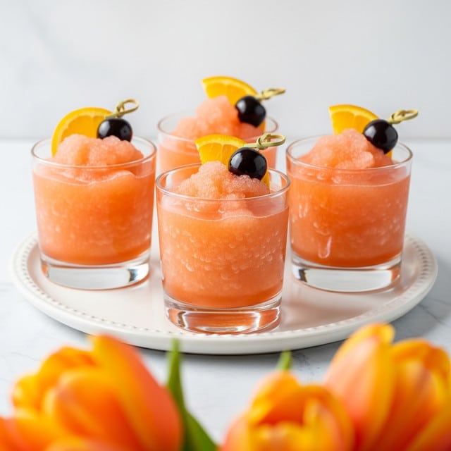 Four short clear glasses are filled with a light orange slushy drink that has a slightly rough texture. Each glass is topped with a small orange slice and a shiny black cherry placed side by side on the icy surface. The glasses are arranged on a white plate that has a subtle scalloped edge, set on a white marbled texture. In the foreground, there are blurred orange tulip flowers adding a soft touch to the scene. Photo taken with an iphone --ar 4:5 --v 7