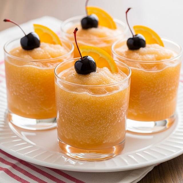 The image shows four clear glass cups filled with a light orange, slushy textured drink with tiny bubbles visible throughout. Each cup has one black cherry and one thin orange slice placed on top as garnish. The glasses sit closely together on a white plate with a slightly wavy rim, which rests on a red and white striped cloth over a wooden surface. The background shows soft, out-of-focus areas that emphasize the drinks in front. photo taken with an iphone --ar 4:5 --v 7