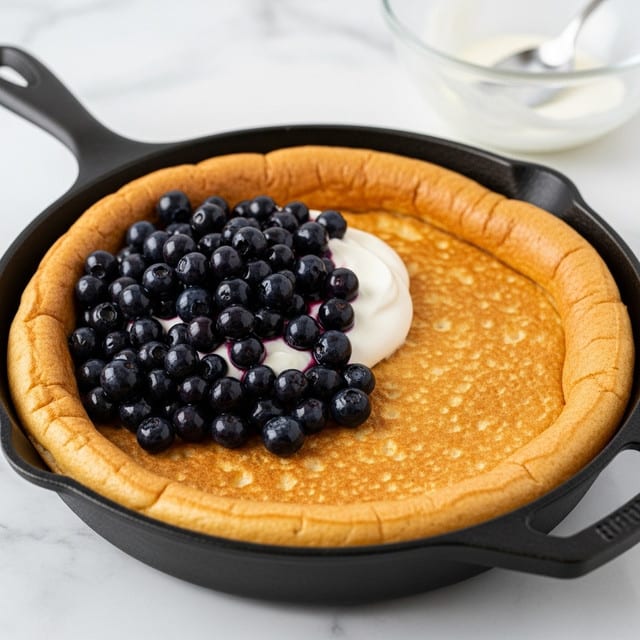 The image shows a thick golden-brown pancake with a slightly puffed and uneven edge inside a black cast iron skillet, sitting on a white marbled surface. On top of the pancake, there is a generous dollop of white cream sitting slightly to one side, partially covered with a heap of shiny dark blue blueberries that add a pop of color and texture. In the background, there is a clear glass bowl with a spoon and some white cream, softly blurred to keep focus on the skillet. photo taken with an iphone --ar 4:5 --v 7