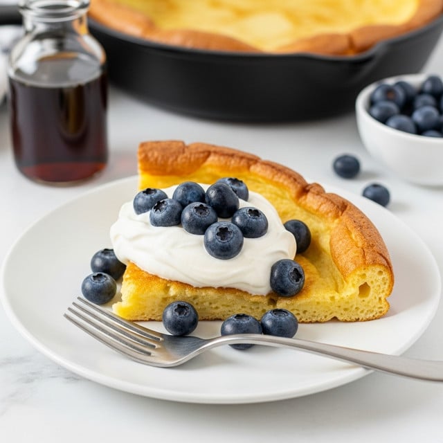 A white plate holds a single slice of Dutch baby pancake with a golden-brown, crispy edge and a soft, slightly puffed base. On top of the pancake is a thick dollop of white whipped cream, topped with fresh, glossy blueberries scattered around and on the cream. A silver fork rests on the plate, partially under the pancake slice. In the background, out of focus, is a small glass bottle filled with dark syrup, a black skillet with the rest of the Dutch baby pancake, and a white bowl with extra blueberries, all placed on a white marbled surface. photo taken with an iphone --ar 4:5 --v 7