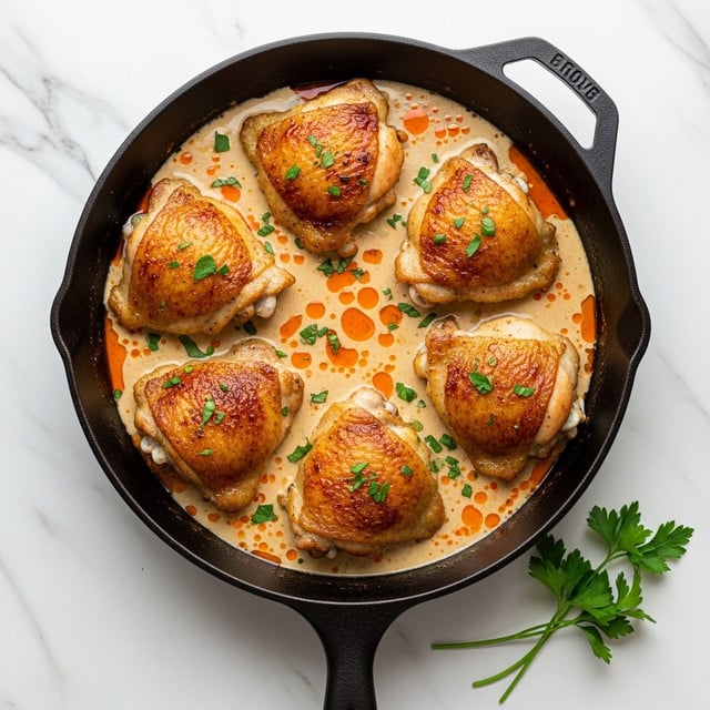A black cast iron skillet sits on a white marbled surface, filled with five pieces of browned chicken thighs with a crispy golden skin. The chicken is partially submerged in a thick creamy sauce that has a pale beige color with hints of orange oil floating on top. Small green herb pieces are sprinkled over the chicken and sauce, adding a touch of color. Fresh parsley is placed near the skillet handle on the white marbled surface, enhancing the fresh and home-cooked feel of the dish. photo taken with an iphone --ar 4:5 --v 7