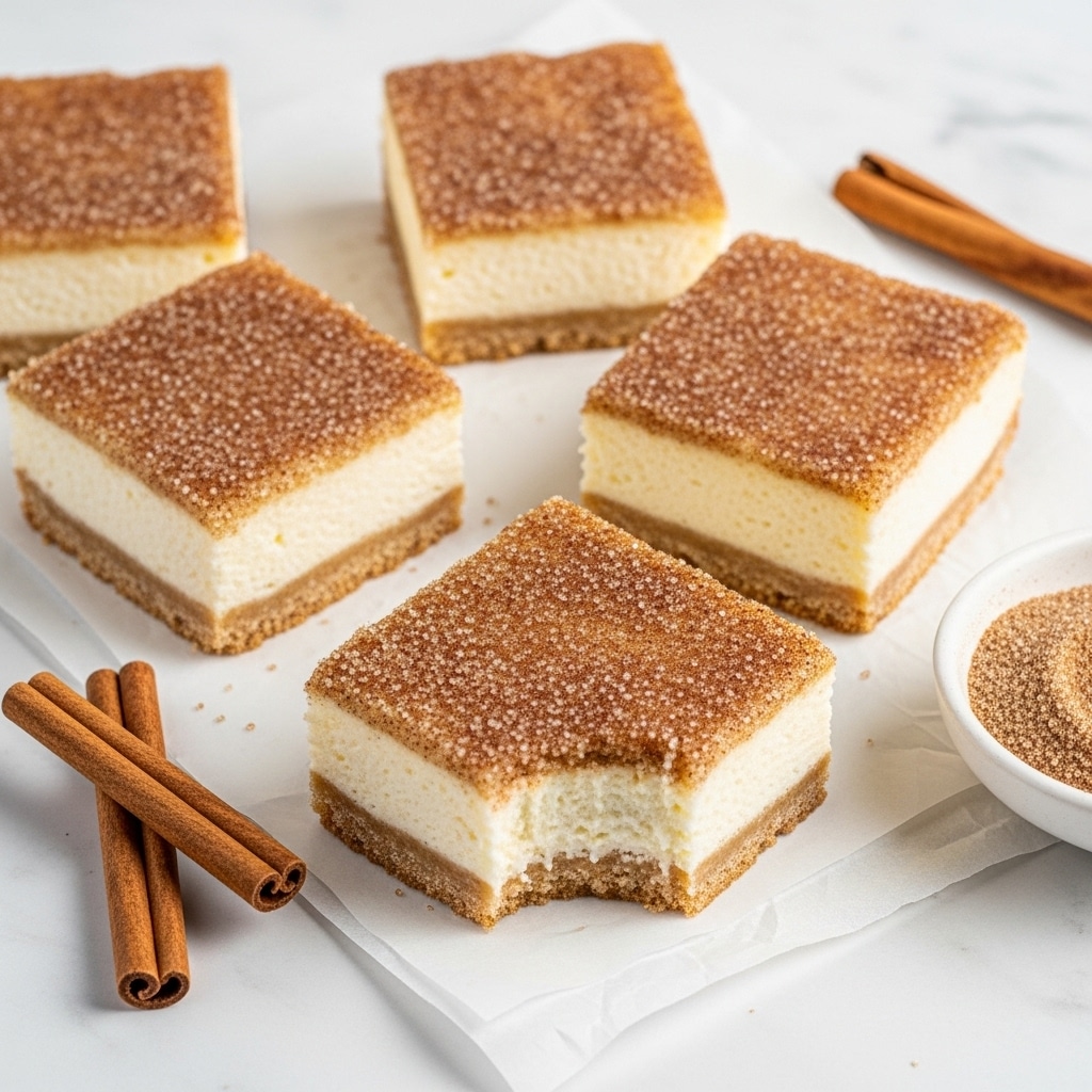The image shows five square dessert bars with two layers: a light cream-colored bottom layer and a golden brown top layer covered evenly with a sparkling mix of cinnamon and sugar, giving a slightly rough texture. One bar has a small bite taken out of the corner, revealing the smooth cream inside. The bars rest on white parchment paper placed on a white marbled surface. Near the squares are two cinnamon sticks and a small round bowl filled with cinnamon sugar. The setup is bright and clean, emphasizing the texture and color of the dessert. Photo taken with an iphone --ar 4:5 --v 7