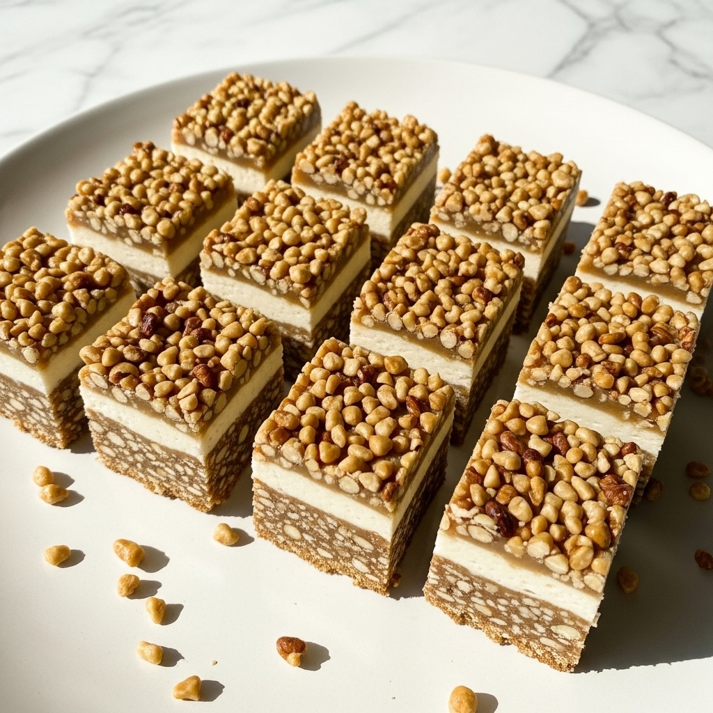 The image shows eight rectangular nut bars arranged in two rows on a white plate. Each bar has three visible layers: a top layer covered in chopped nuts that are golden brown and crunchy, a middle creamy off-white layer, and a bottom layer also covered in chopped nuts with a slightly darker color. The bars look dense and textured, with small nut pieces scattered on the plate around them. The setting has a white marbled background with soft natural light casting gentle shadows. Photo taken with an iphone --ar 4:5 --v 7
