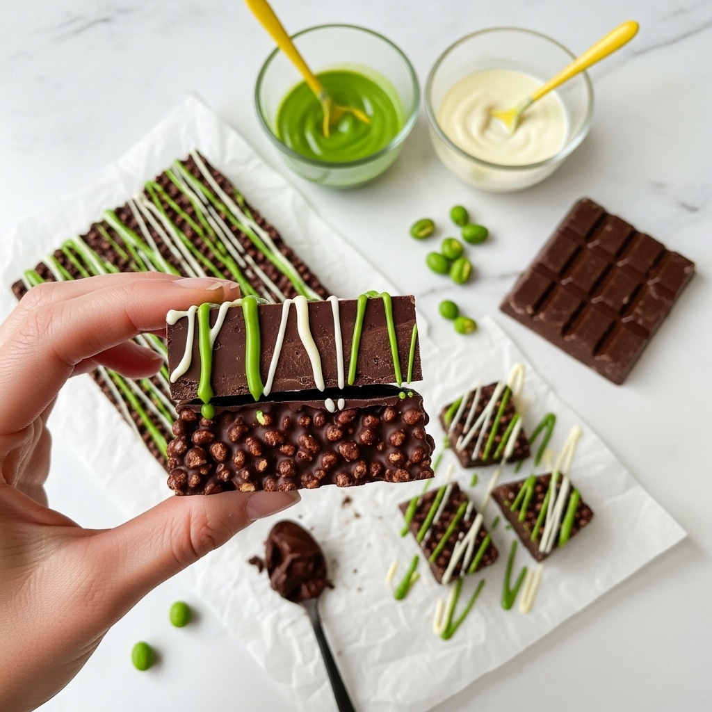 A woman's hand is holding a chunky dark chocolate bar with two thick layers; the base is dark chocolate with a bumpy texture from embedded nuts or crisped rice, topped with another dark chocolate layer. The bar is drizzled with bright green and white sauces in thin, irregular lines across the top. In the background on a white marbled surface, there is a white piece of parchment paper with scattered green nuts and broken pieces of the chocolate bar also drizzled with green sauce, along with a block of plain dark chocolate. Two small clear glass bowls containing green and white sauces with yellow spoons sit behind the chocolate. A small dark spoon with some chocolate sits near the bottom. photo taken with an iphone --ar 4:5 --v 7