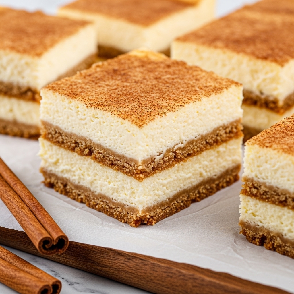 The image shows a close-up of a square piece of cheesecake with three thick layers of creamy, pale yellow cheesecake, each separated by two thinner layers of crumbly, brown graham cracker crust. The top layer is dusted with a light sprinkle of cinnamon or spice, giving a slightly rough texture. The cheesecake sits on a wooden board lined with white parchment paper, surrounded by two cinnamon sticks placed on a white marbled surface in the background. The photo has a warm, inviting tone and sharp focus on the cheesecake’s texture and layers. photo taken with an iphone --ar 4:5 --v 7