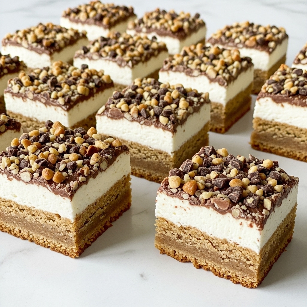 The image shows multiple square cookie bars arranged closely together on a white marbled surface. Each bar has three visible layers: a light brown base that looks soft and slightly crumbly, a smooth white cream layer in the middle, and a top layer coated with chopped nuts and small chocolate pieces, providing a crunchy texture. One cookie bar at the bottom right corner is separated, showing the white cream center clearly from the side view. The overall color palette includes shades of brown, beige, and white, with the nuts adding a rough texture on top. Photo taken with an iphone --ar 4:5 --v 7