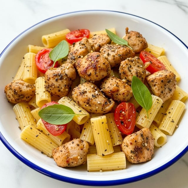 The dish is a close-up of pasta served in a white bowl with a blue rim. It has three visible layers: short tube-shaped pasta in a light yellow color forms the base, mixed with small browned chicken pieces coated in herbs and spices on top. Scattered among the pasta and chicken are small, bright red tomato pieces and fresh green herb leaves, adding color and texture contrast. The whole dish is lightly speckled with black herbs and spices. The background is a white marbled texture. photo taken with an iphone --ar 4:5 --v 7