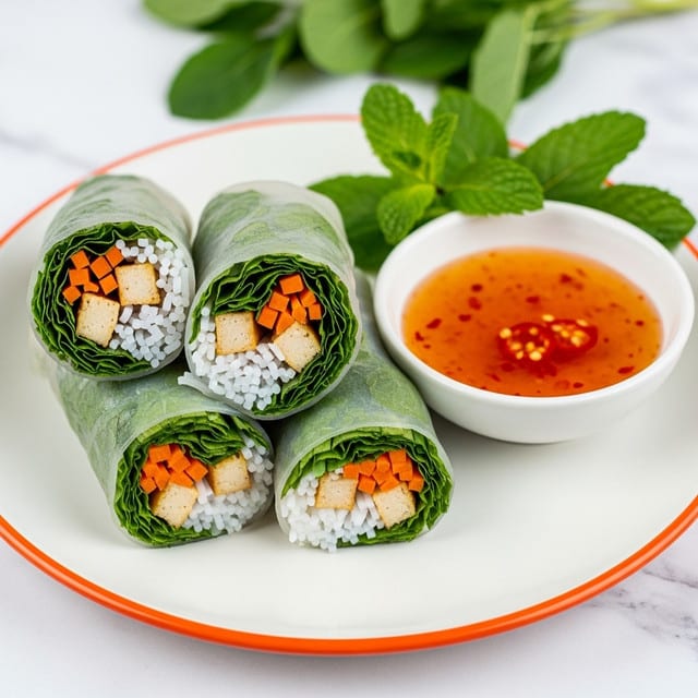 A white plate holds six fresh spring rolls arranged in a semi-circle around a small white bowl of brown peanut dipping sauce topped with crushed peanuts. Each spring roll is filled with a mix of thin white rice noodles, bright orange carrot strips, green cucumber sticks, fresh green basil leaves, and pieces of grilled chicken. Bright green basil leaves and two lime wedges are placed beside the bowl for garnish. All of this sits on a white marbled surface. photo taken with an iphone --ar 4:5 --v 7