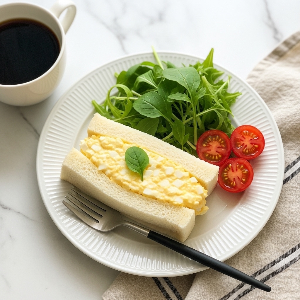 The image shows a white plate with delicate ridged edges holding a sandwich and fresh salad. The sandwich has two layers of white bread with a thick middle layer of creamy yellow egg salad, topped with a small green leaf. The plate also contains a small bunch of fresh green leafy vegetables and two halved cherry tomatoes with bright red skin and juicy interiors on the right side. A silver fork with a black handle rests on the plate near the sandwich. To the left of the plate, there is a cup of black coffee in a white cup. The whole setting is on a white marbled surface with a soft beige and white striped cloth napkin partially visible at the bottom right. Photo taken with an iphone --ar 4:5 --v 7