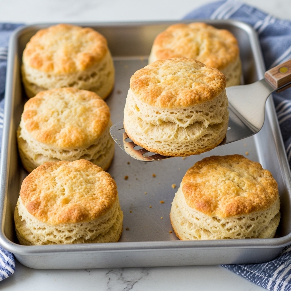 A close-up of five golden brown biscuits with a light crusty top and soft, tender layers inside, resting in a silver baking tray. One biscuit is being lifted by a metal spatula with a wooden handle, showing its flaky texture and slight crisp edges. The biscuits have a slightly uneven, rustic look with a warm, inviting color. The tray sits on a white marbled surface with a blue-striped cloth partially visible on the side. photo taken with an iphone --ar 4:5 --v 7