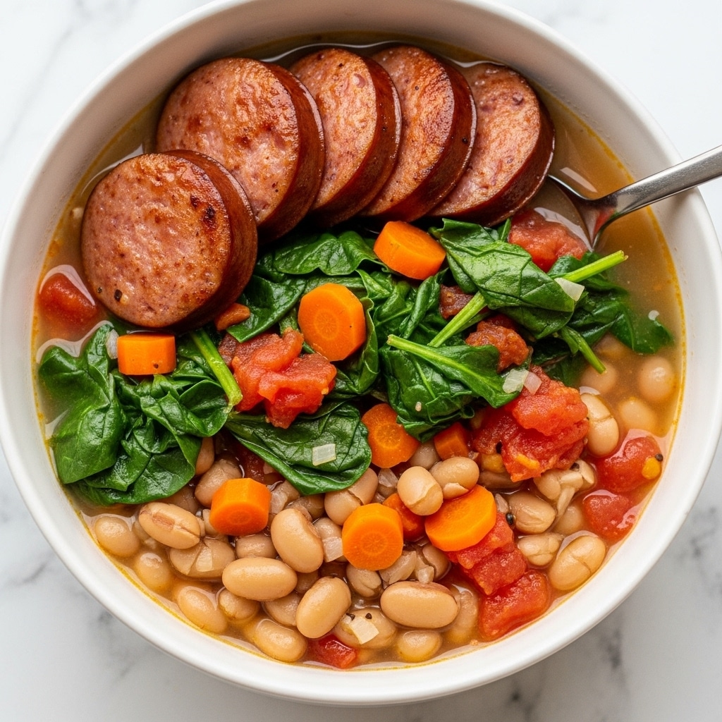 A close-up view of a white bowl filled with a colorful stew showing three main layers: the top layer has large slices of browned sausage with a shiny texture; beneath and around that are soft spinach leaves in dark green shades mixed with small diced orange carrots and red tomato chunks; the bottom layer contains small white and beige beans scattered throughout in a thin broth. The bowl sits on a white marbled surface with a spoon partially visible inside. Photo taken with an iphone --ar 4:5 --v 7