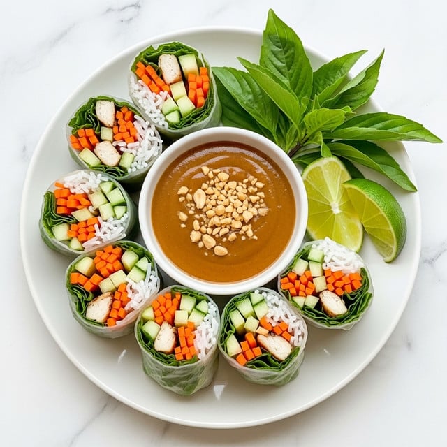 Three fresh spring rolls wrapped in translucent rice paper are placed side by side on a white plate with an orange rim. Inside each roll are visible layers of white rice noodles, green leafy herbs, orange carrot sticks, and light brown pieces of tofu or chicken. On the plate, to the right of the rolls, there is a small white bowl filled with orange-red dipping sauce speckled with chili flakes. Fresh green mint leaves are placed next to the bowl. In the background, there are green leafy herbs scattered softly. The plate rests on a white marbled surface. photo taken with an iphone --ar 4:5 --v 7
