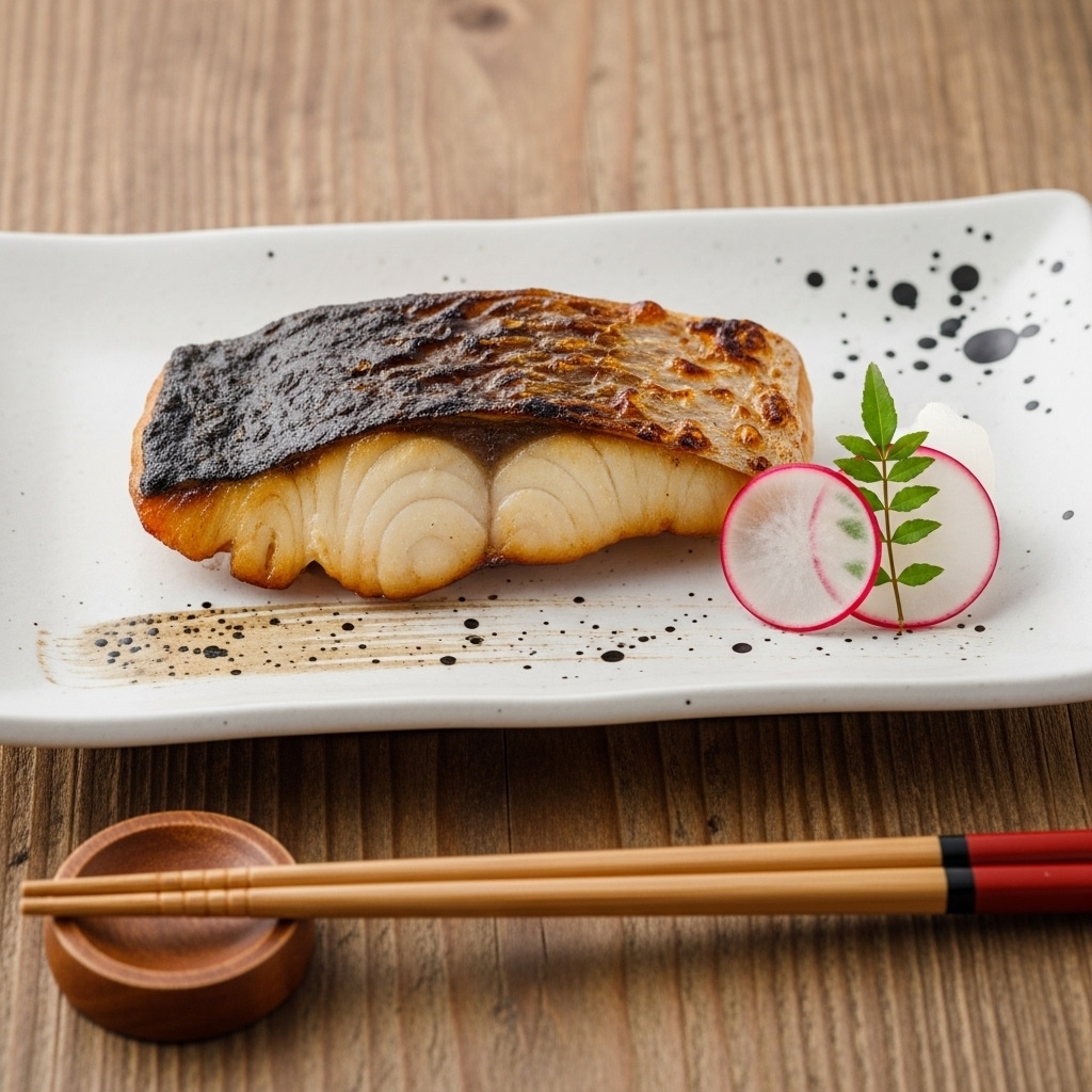 A piece of grilled fish with a dark brown, slightly charred crispy skin sits on a white rectangular plate with subtle black speckles and light brown brush stroke decoration. The fish has a thick, creamy white interior that looks tender and juicy. Beside the fish are two thin, round slices of radish with red edges and a small green leafy garnish on top. The plate rests on a rustic wooden surface with visible grain lines. A pair of wooden chopsticks with red and black tips is placed diagonally in the foreground, resting on a round, dark wooden chopstick holder. Photo taken with an iphone --ar 4:5 --v 7