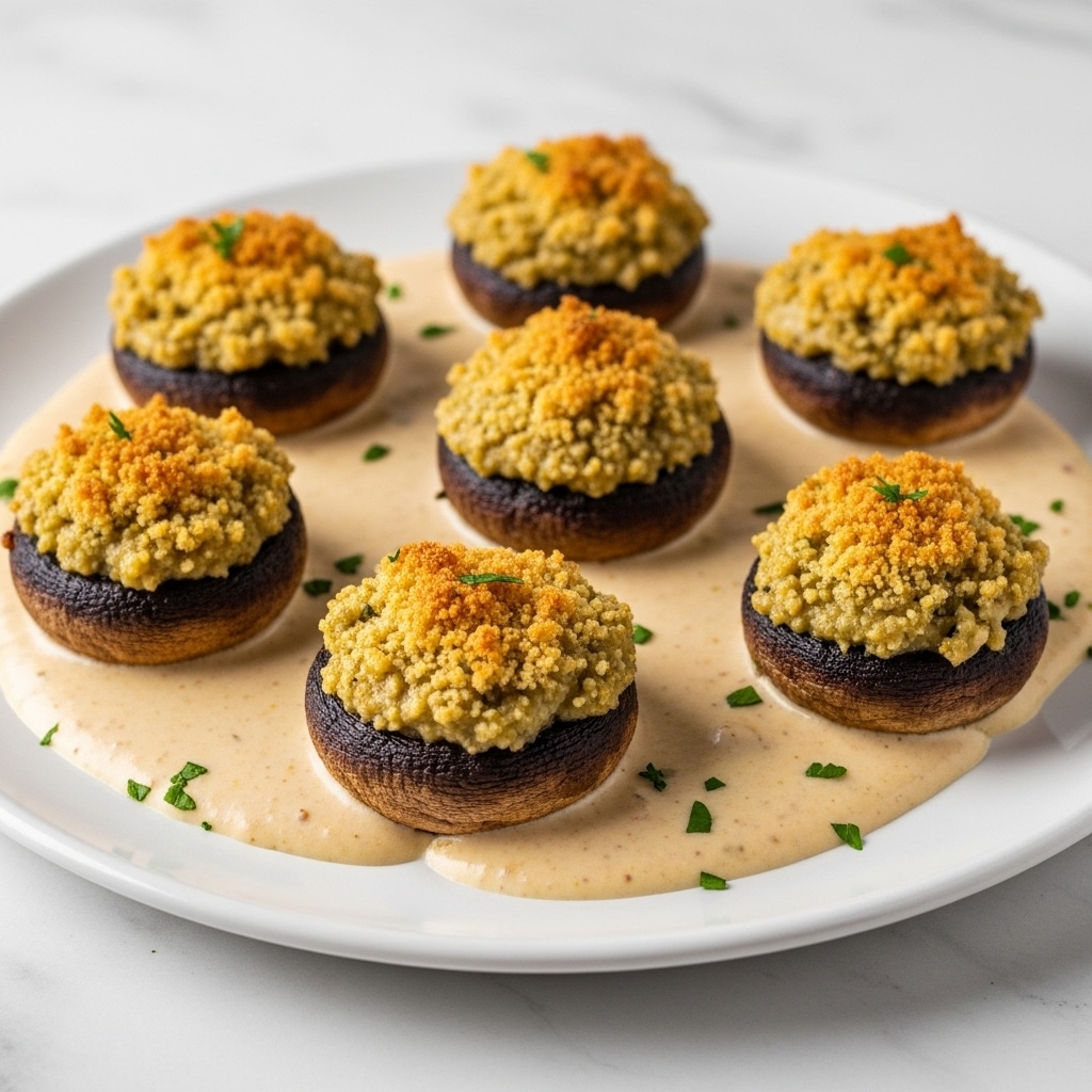The image shows a white plate with several stuffed mushrooms arranged on it. Each mushroom has a dark brown base with a golden brown, crumbly, and slightly crispy top layer, which appears to be a baked cheese or breadcrumb topping. The mushrooms sit in a creamy, light beige sauce that spreads across the bottom of the plate, with a few small green herb bits sprinkled around. The plate is placed on a white marbled surface. photo taken with an iphone --ar 4:5 --v 7